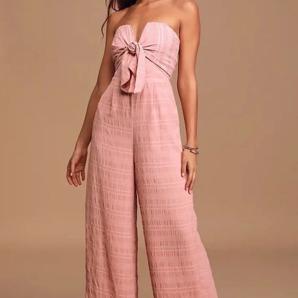 Lulus Perfect Weekend Mauve Strapless Tie-Front Wide-Leg Jumpsuit, size medium - Picture 10 of 13